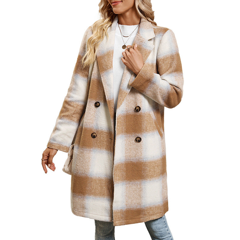 Mid-length Double-breasted Suit Collar Plaid Coat
