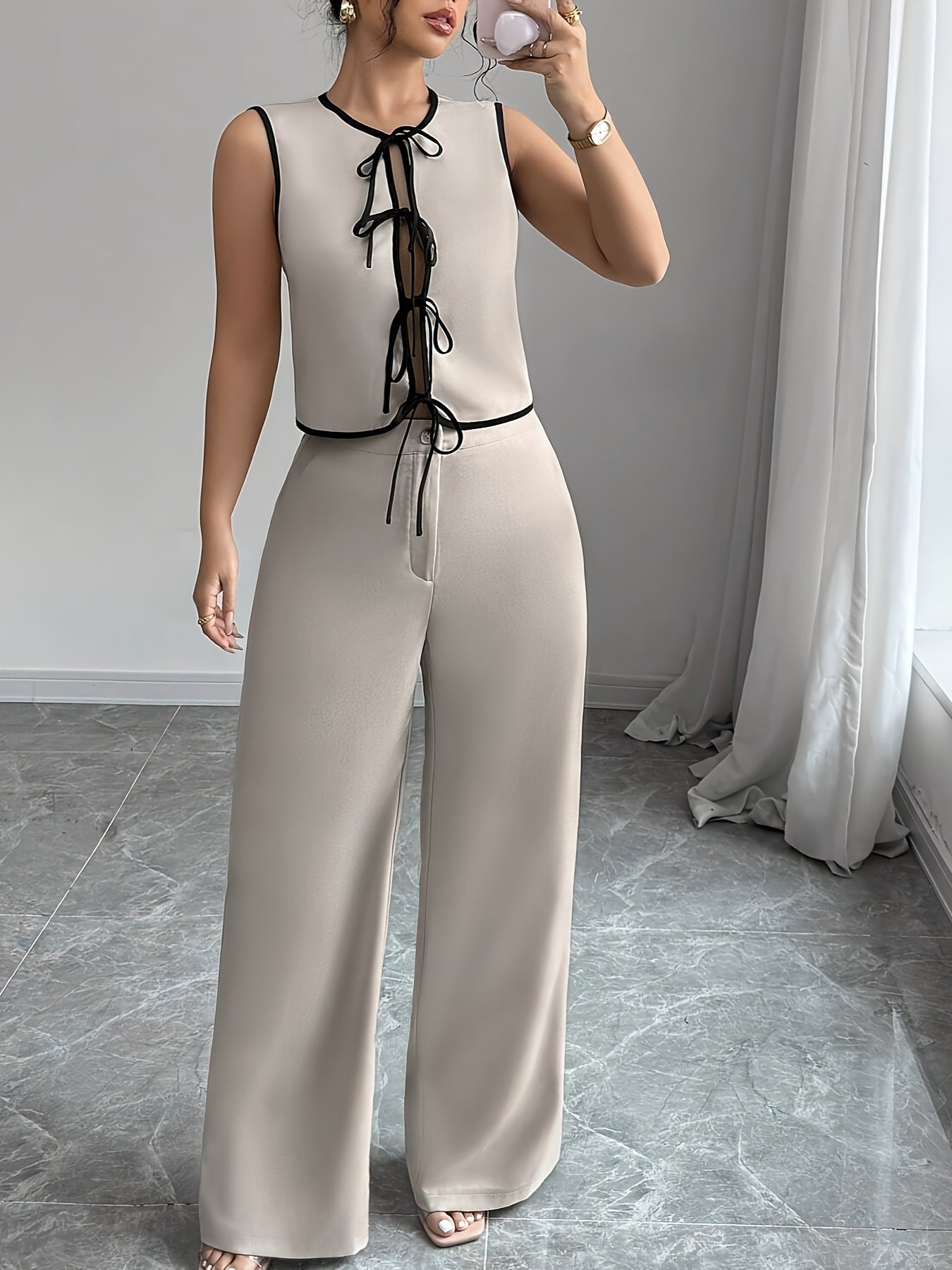 Shirt With Bow Tie Beige Wide Leg Pants Suit
