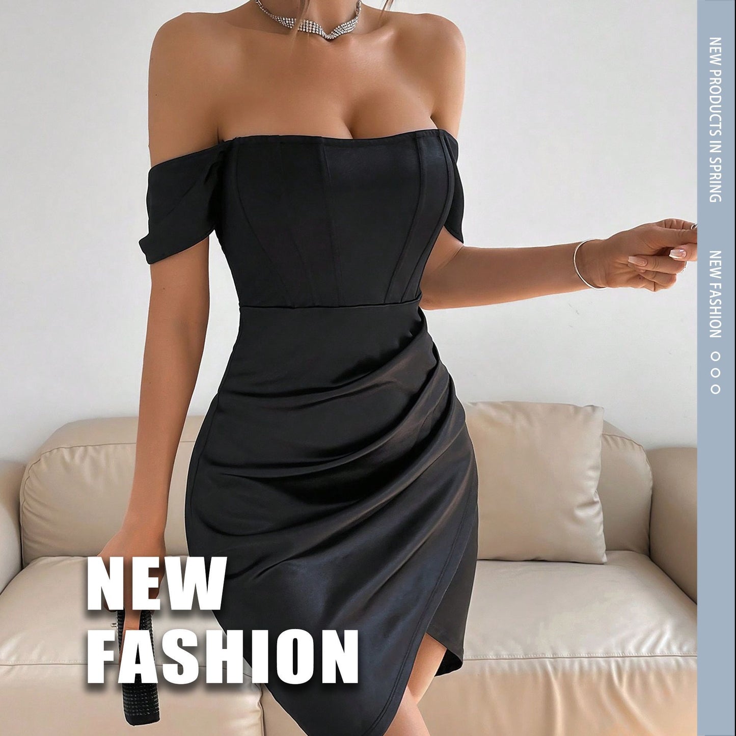 Off-shoulder Collar Spring Women's Mid-length Dress