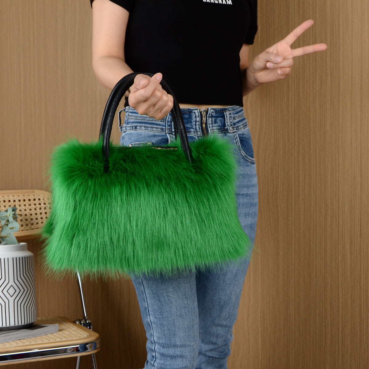 High-end Hand-carrying Square Plush Bag Fur Raccoon Fur Handbag Large Capacity