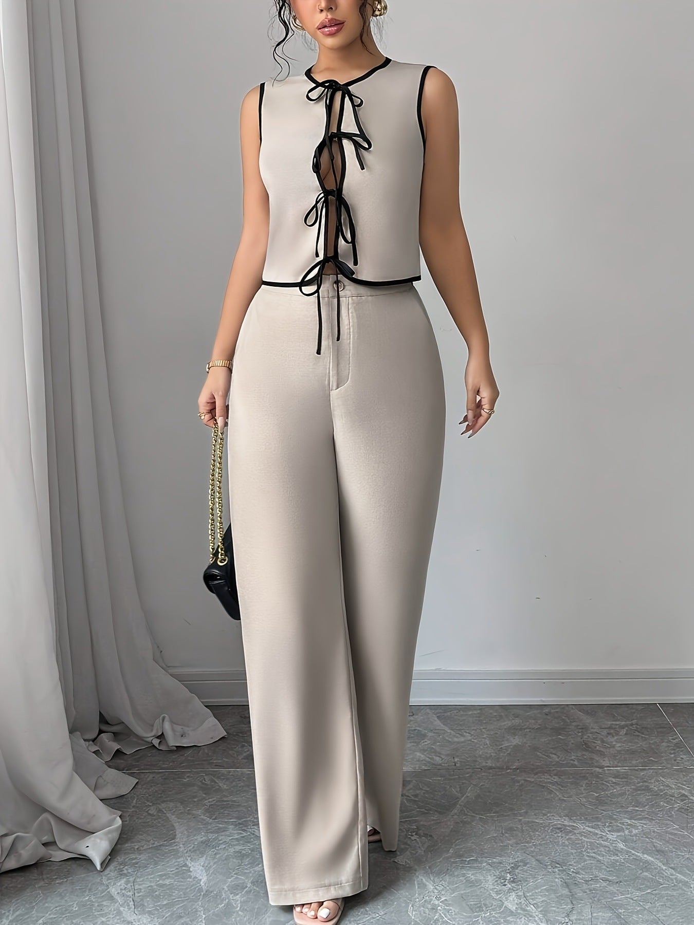 Shirt With Bow Tie Beige Wide Leg Pants Suit