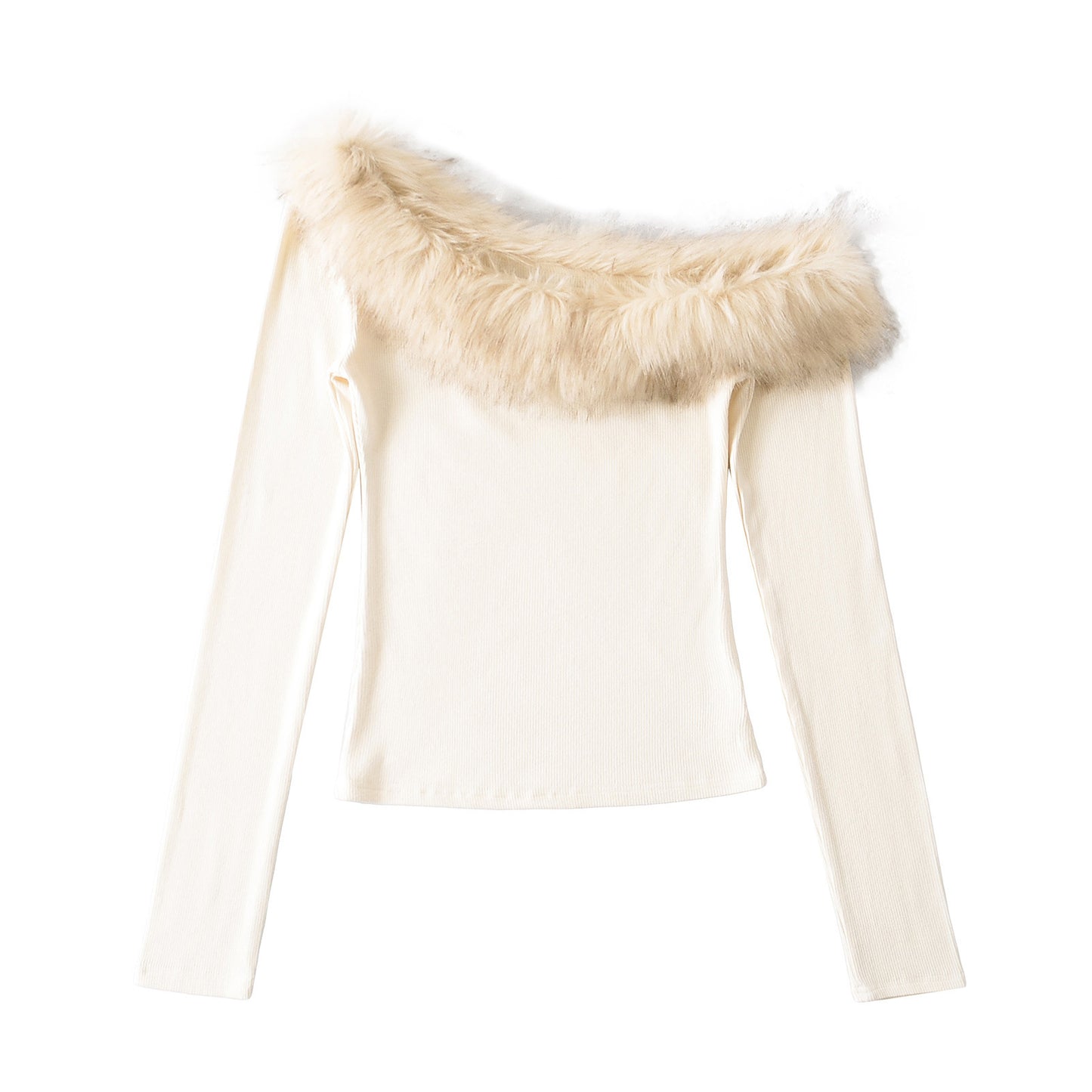Fur Collar Beveled Off-shoulder Long Sleeve Stretch Thread Sunken Stripe Slim Top