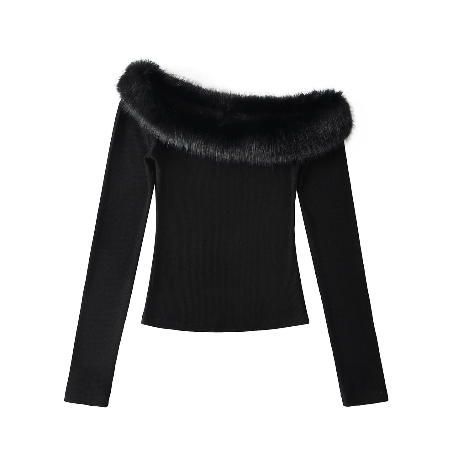 Fur Collar Beveled Off-shoulder Long Sleeve Stretch Thread Sunken Stripe Slim Top