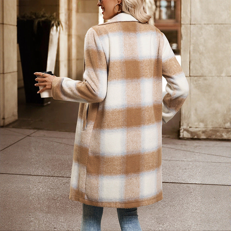Mid-length Double-breasted Suit Collar Plaid Coat