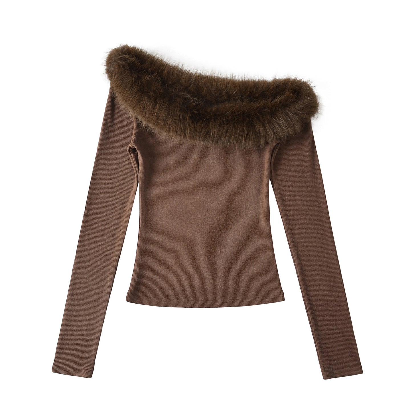 Fur Collar Beveled Off-shoulder Long Sleeve Stretch Thread Sunken Stripe Slim Top
