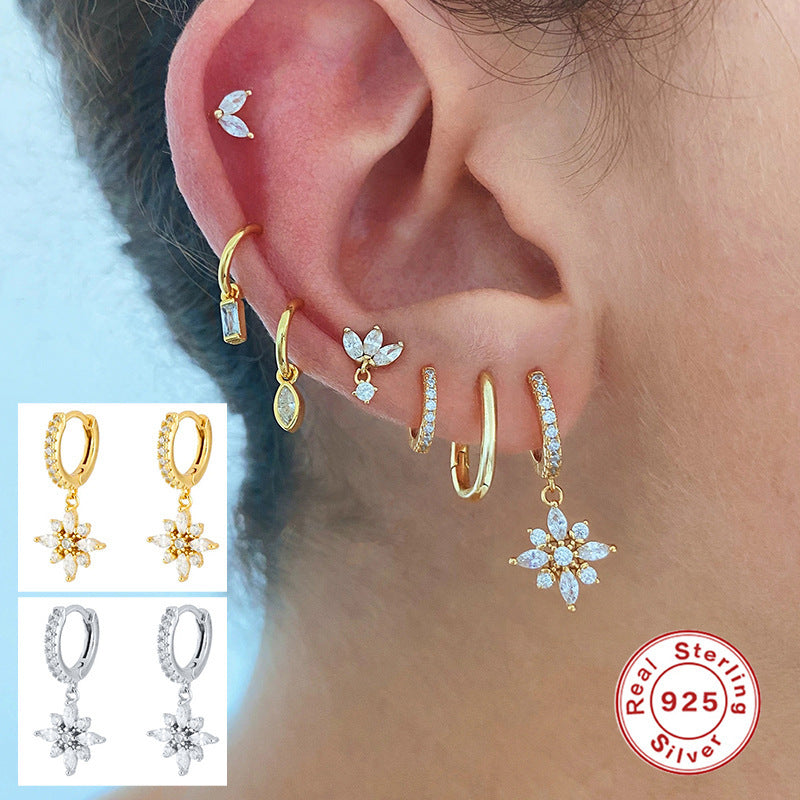S925 Sterling Silver Diamond Snowflake Pendant Earrings