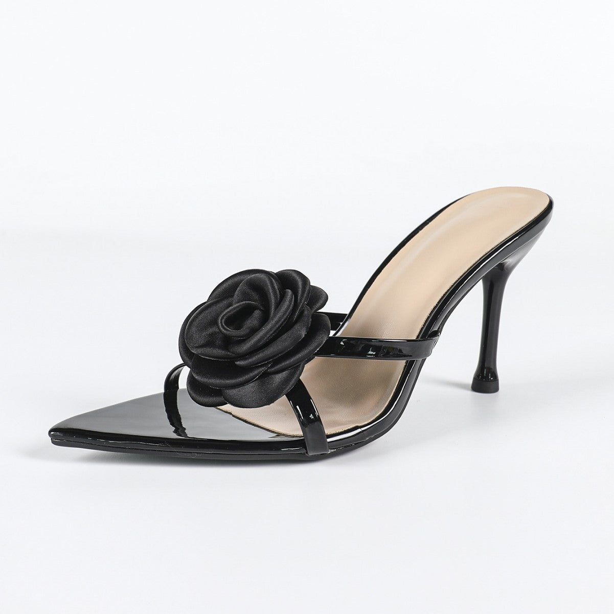 Women's Pointed Patent Leather Three-dimensional Flower Stiletto Heel Sandals