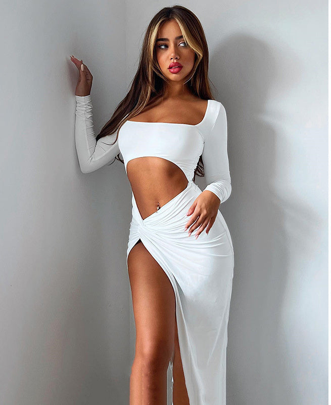Womens Clothing Long Sleeve Dress Fashion Hollow U-neck Split Dress Party Wedding