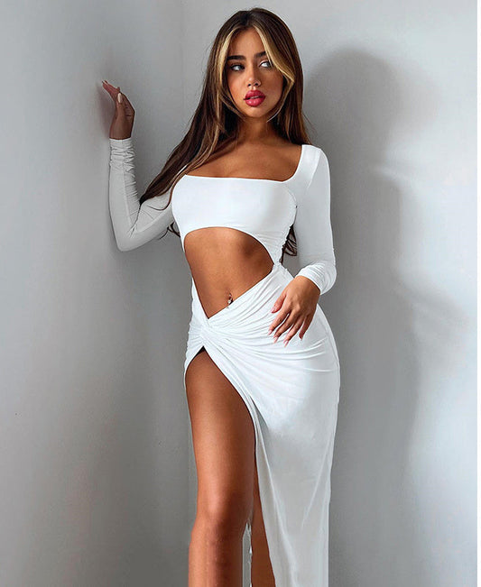 Womens Clothing Long Sleeve Dress Fashion Hollow U-neck Split Dress Party Wedding