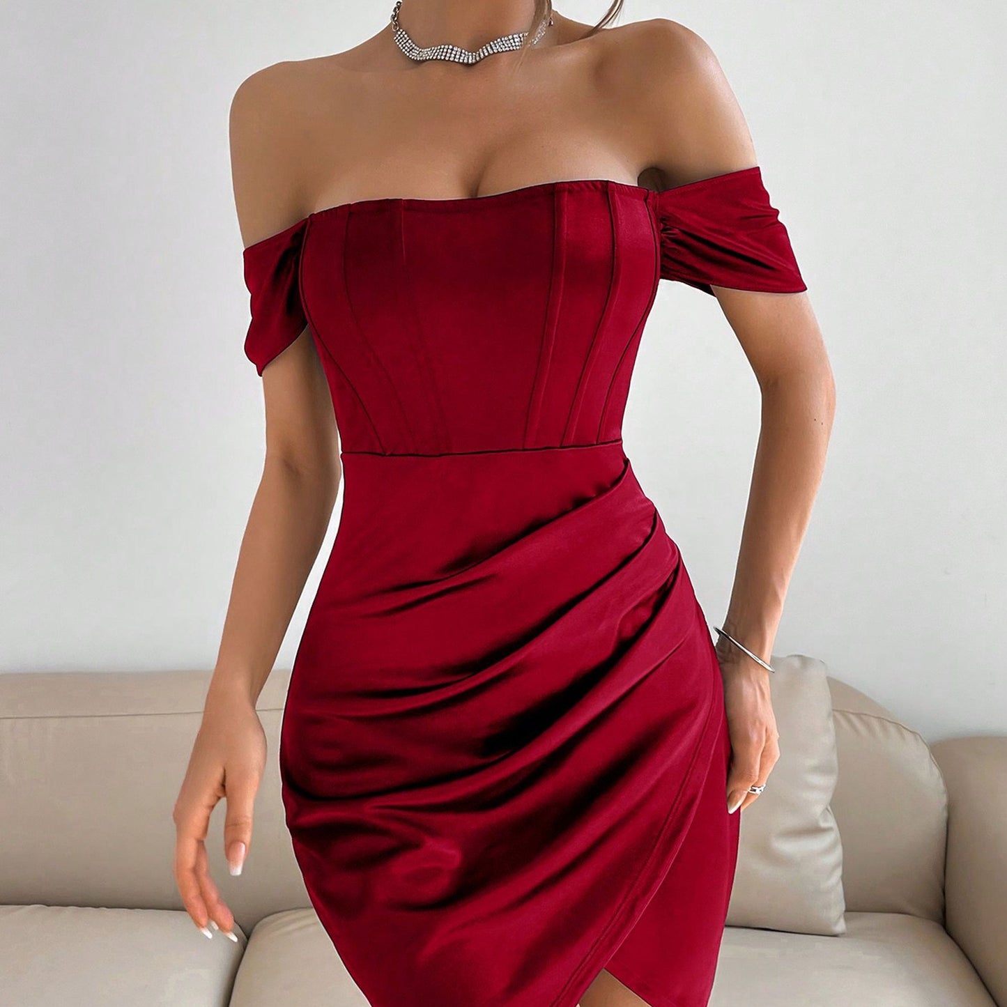 Off-shoulder Collar Spring Women's Mid-length Dress