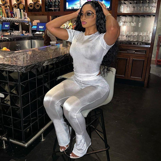 Cross-border European And American Foreign Trade Fall Women's Clothing New Slim Fit Figure Flattering Short Sleeve Top High Waist Casual Trousers Suit