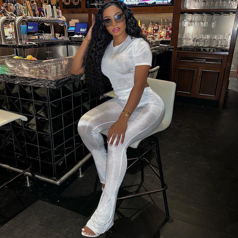 Cross-border European And American Foreign Trade Fall Women's Clothing New Slim Fit Figure Flattering Short Sleeve Top High Waist Casual Trousers Suit