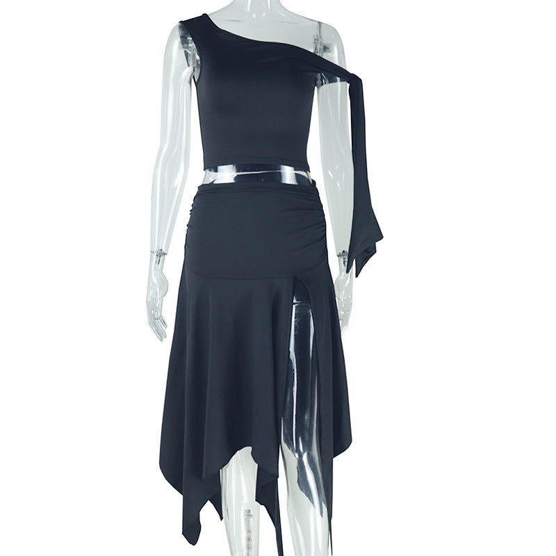 Women's Solid Color Skirt Suit Sexy Sleeveless Off-shoulder Top Split Skirt