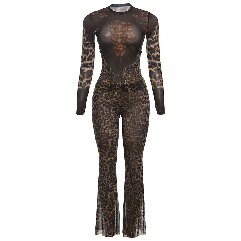 Autumn New Fashion Sexy Printed High Waist Exposed Navel Blouse And Pants