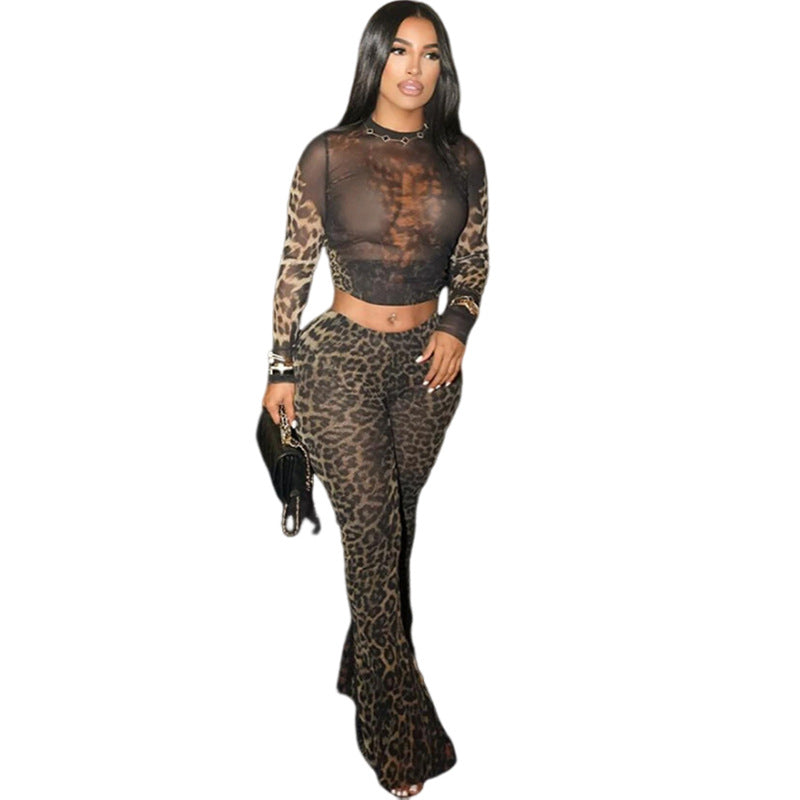 Autumn New Fashion Sexy Printed High Waist Exposed Navel Blouse And Pants