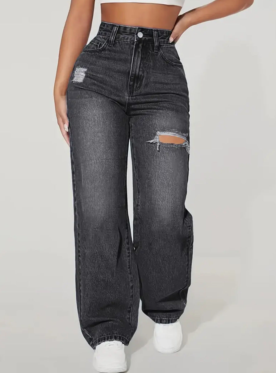 European And American Ladies Washed Hole Denim Trousers