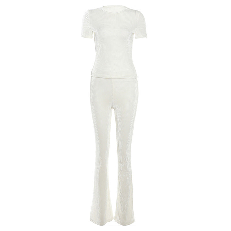 Cross-border European And American Foreign Trade Fall Women's Clothing New Slim Fit Figure Flattering Short Sleeve Top High Waist Casual Trousers Suit