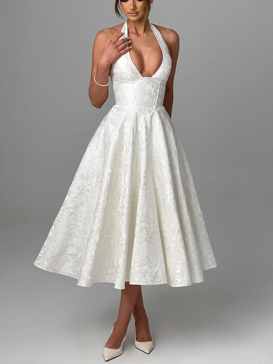 Elegant V-Neck Halter Floral Jacquard Evening Dress - Backless Sleeveless A-Line Gown With Waist Accent For Women